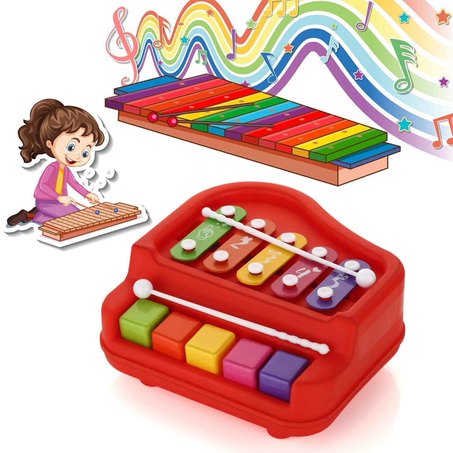2 in 1 Baby Piano Xylophone Toy for Toddlers, 5 Multicolored Key Keyboard Xylophone Piano, Preschool Educational Musical Learning Instruments Toy for Baby Kids Girls Boys 3+ Years (1 Pc) 2 in 1 Baby Piano Xylophone Toy for Toddlers, 5 Multicolored Key Keyboard Xylophone Piano, Preschool Educational Musical Learning Instruments Toy for Baby Kids Girls Boys 3+ Years (1 Pc)